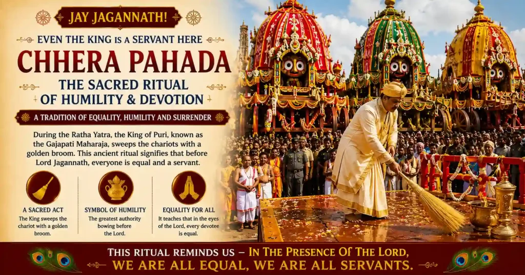 Gajapati Maharaja performing the Chhera Pahara ritual by sweeping Lord Jagannath's chariot with a golden broom