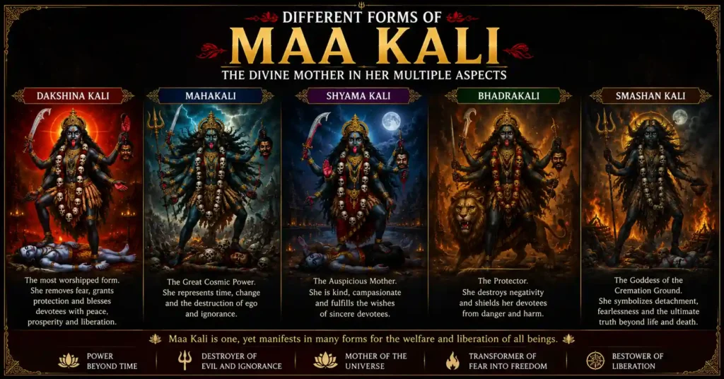 Different forms of Maa Kali including Dakshina Kali and Mahakali