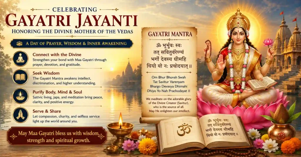 Devotional illustration of Gayatri Jayanti puja with Veda Mata Gayatri, the Gayatri Mantra, and sacred offerings.
