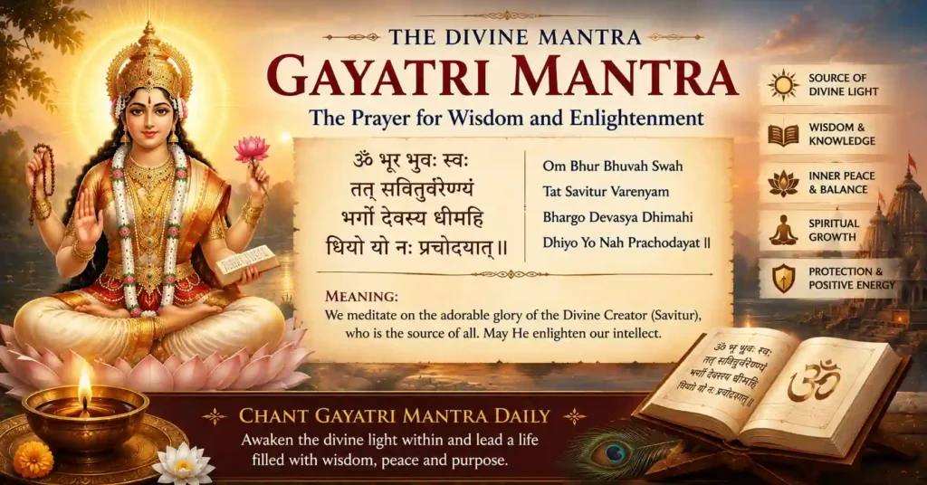 Gayatri Mantra in Sanskrit with its spiritual meaning and benefits alongside an illustration of Veda Mata Gayatri.