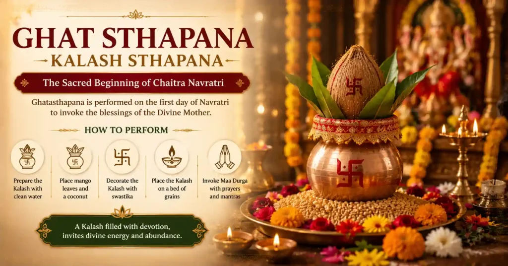 Sacred Ghatasthapana (Kalash Sthapana) ritual performed on the first day of Chaitra Navratri with a decorated Kalash and coconut.