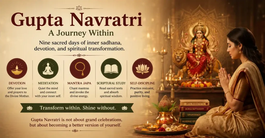 Devotee praying before Maa Durga during Gupta Navratri, representing prayer, meditation, mantra japa, and self-discipline.
