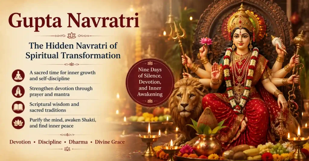 Maa Durga seated with a lion, symbolising inner transformation, devotion, and the spiritual essence of Gupta Navratri.