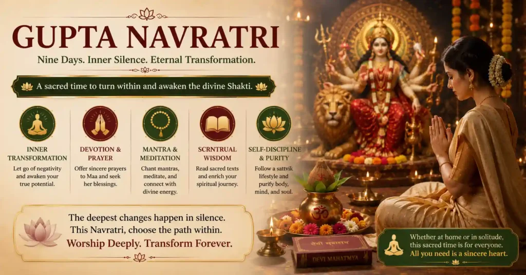 Artistic depiction of Maa Durga and a devotee, symbolising inner awakening, Shakti worship, and spiritual transformation during Gupta Navratri.
