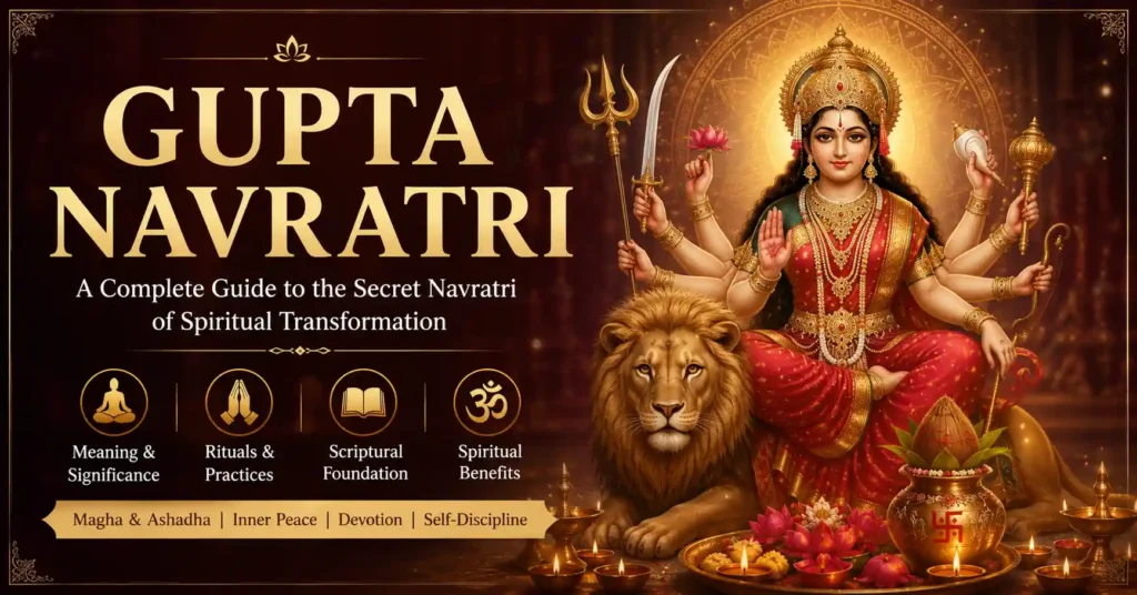 Illustration of Maa Durga with sacred lamps and devotional symbols representing Gupta Navratri, its meaning, rituals, and spiritual significance.