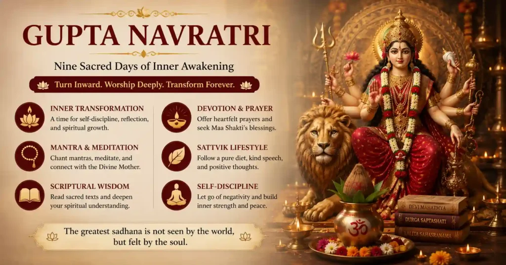 Sacred illustration highlighting meditation, scriptural study, mantra chanting, and devotional practices during Gupta Navratri.