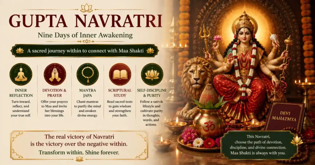 Devotional artwork of Maa Durga with sacred symbols representing faith, self-discipline, and spiritual growth during Gupta Navratri.