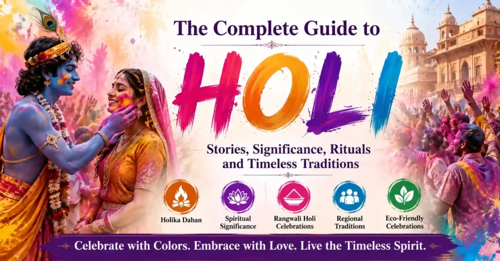 Devotees celebrating Holi with vibrant colors and Holika Dahan, symbolizing joy, devotion, and the victory of good over evil.