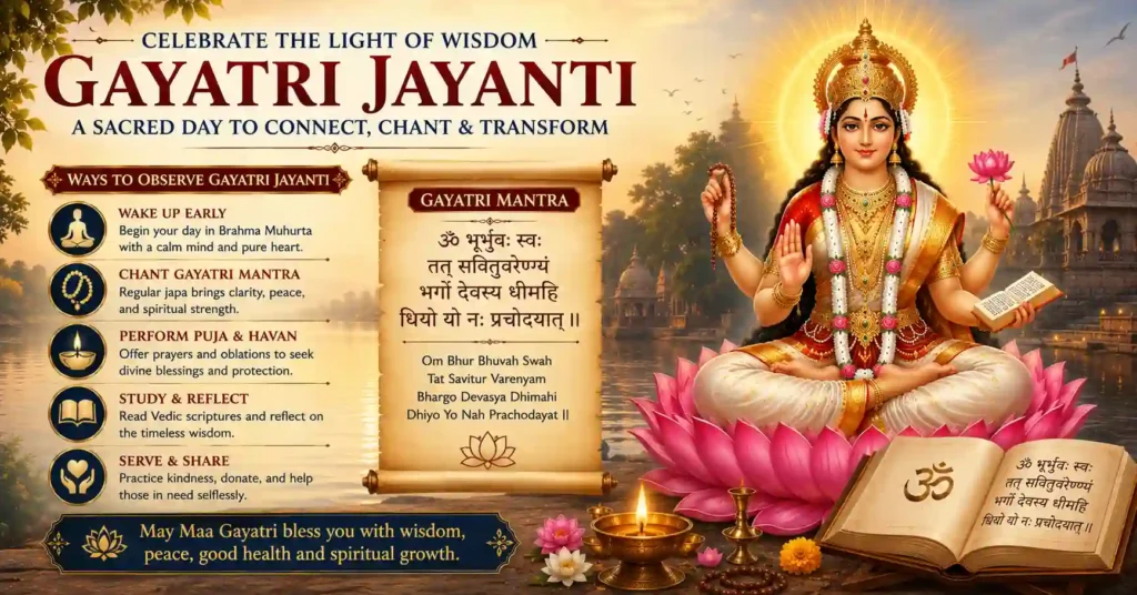 Devotees worshipping Veda Mata Gayatri with mantra chanting, meditation, and traditional Gayatri Jayanti rituals.