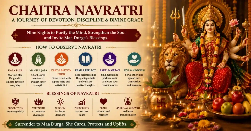 Devotional practices during Chaitra Navratri including daily puja, mantra japa, fasting, aarti, and sattvik living.