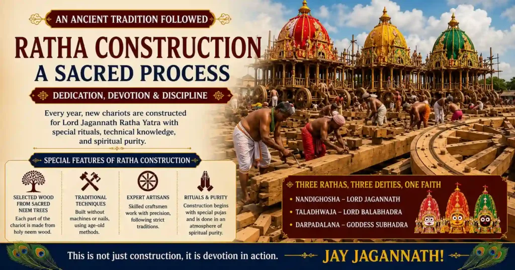 Sacred construction of Lord Jagannath's chariots by traditional craftsmen before Ratha Yatra