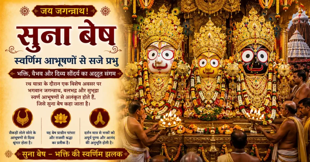 सुना बेष के दौरान स्वर्ण आभूषणों से सुसज्जित भगवान जगन्नाथ
