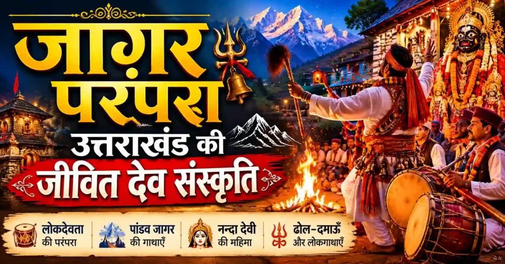 उत्तराखंड की जागर परंपरा में ढोल-दमाऊँ और लोकगाथाओं के साथ देव आवाहन का दृश्य