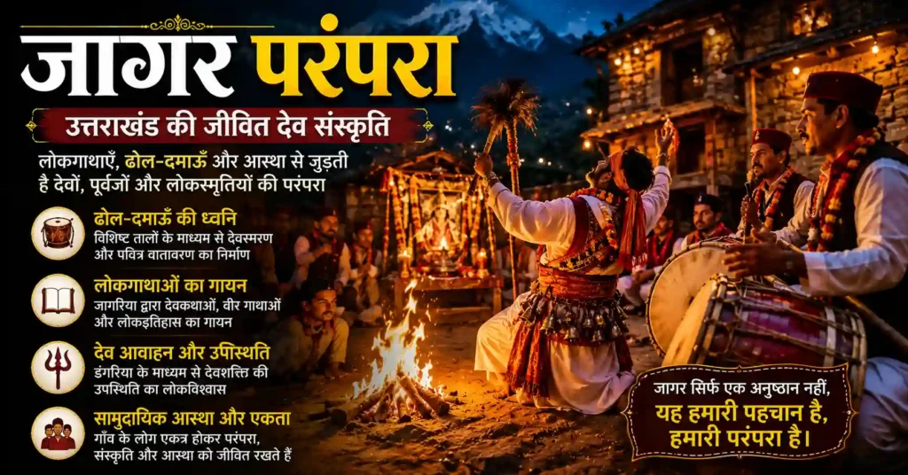 जागरिया द्वारा लोकगाथाओं का गायन और ढोल-दमाऊँ के साथ सम्पन्न होती जागर परंपरा