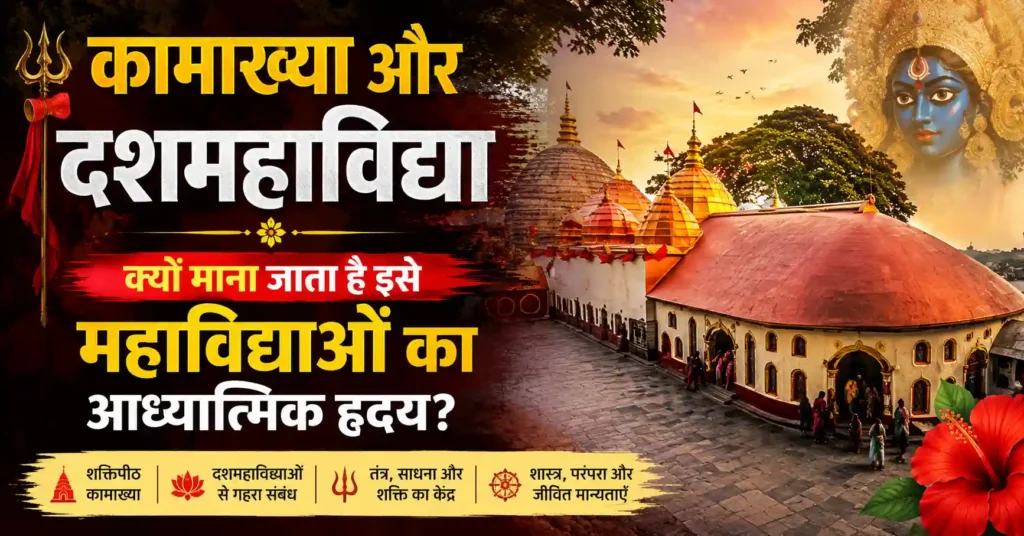 कामाख्या मंदिर और दशमहाविद्याओं के आध्यात्मिक संबंध को दर्शाता चित्र