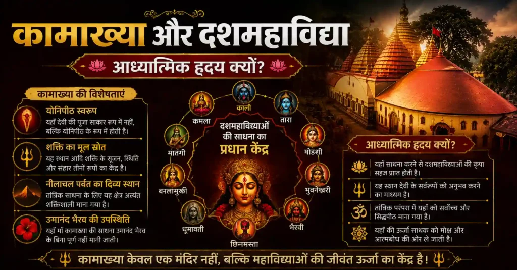कामाख्या मंदिर, दशमहाविद्याओं और महाविद्या साधना के आध्यात्मिक केंद्र को दर्शाता चित्र