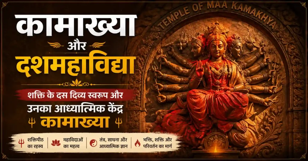 कामाख्या और दशमहाविद्याओं के दिव्य स्वरूप तथा आध्यात्मिक महत्व को दर्शाता चित्र