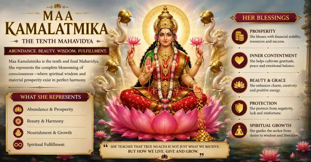 Maa Kamalatmika seated on a lotus symbolizing abundance, inner contentment, beauty, and spiritual wisdom
