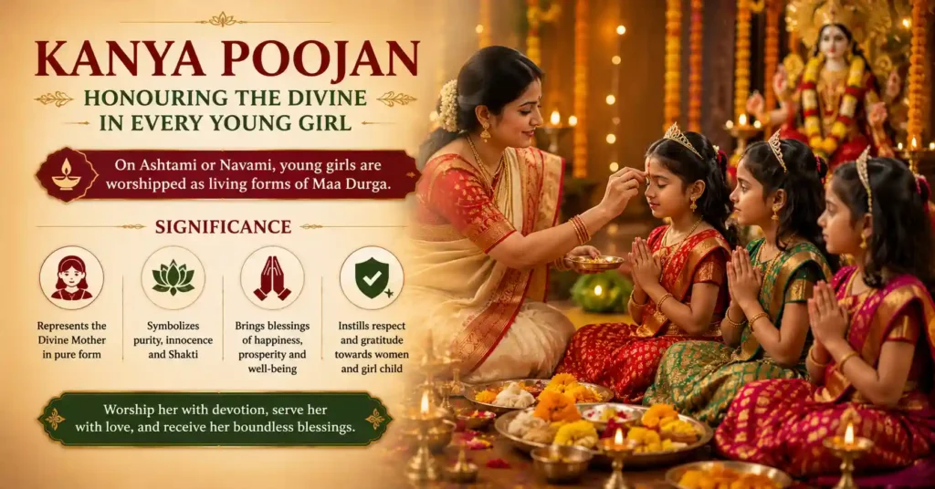 Devotees performing Kanya Puja during Chaitra Navratri by worshipping young girls as living forms of Goddess Durga.