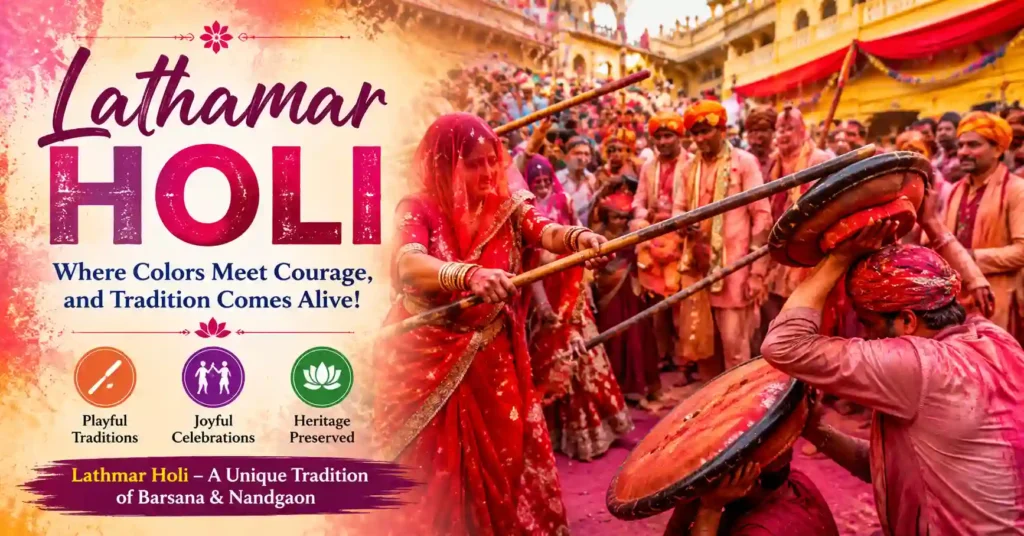 Devotees celebrating Holi with colors, music, and devotion in Mathura and Vrindavan.