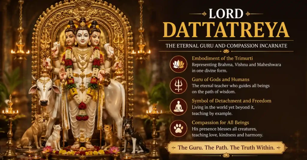 Lord Dattatreya symbolizing compassion, detachment, self-realization, and the eternal guidance of the Guru.
