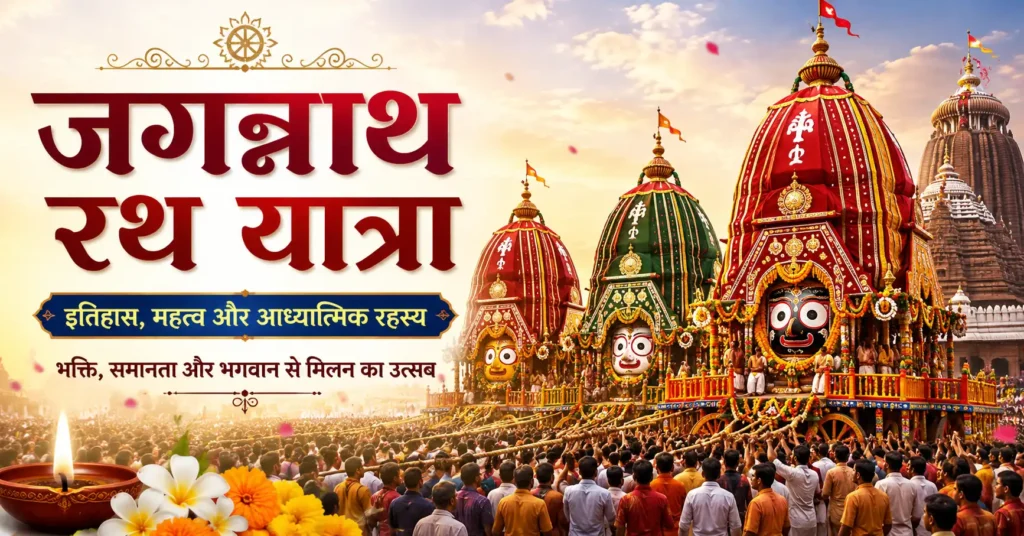 जगन्नाथ रथ यात्रा के दौरान पुरी में भगवान जगन्नाथ, बलभद्र और सुभद्रा की भव्य रथ यात्रा का दृश्य