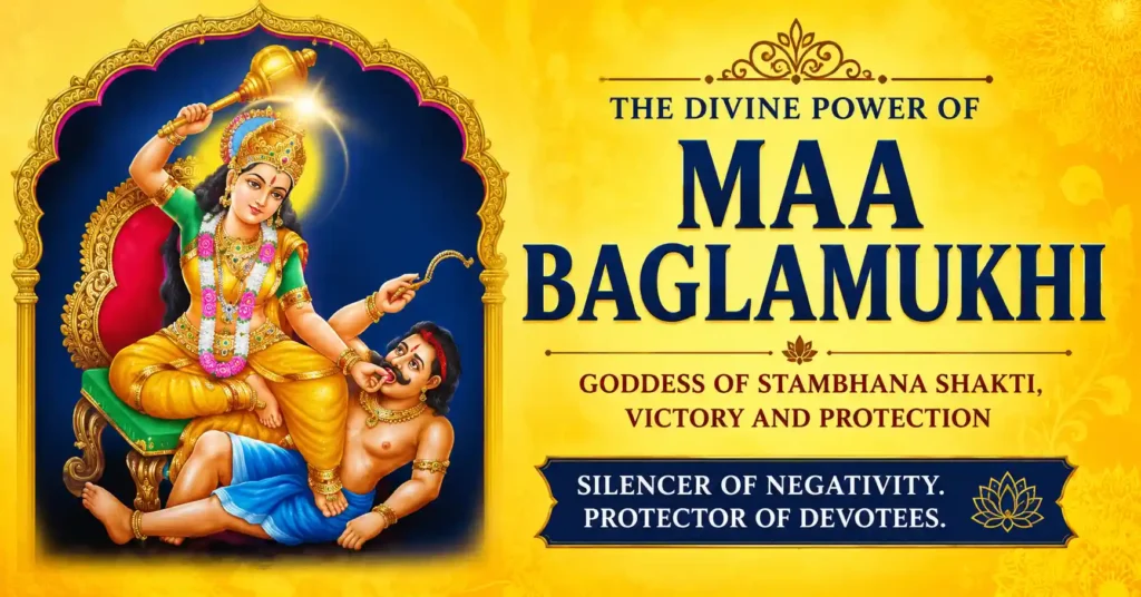 Maa Baglamukhi holding a demon's tongue, symbolizing stambhana shakti, divine protection, victory over negativity, and spiritual strength.