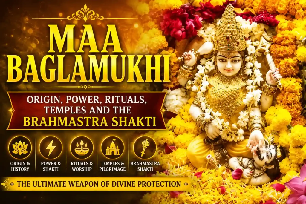 Maa Baglamukhi seated on a lotus, holding the tongue of a demon, symbolizing divine power, protection, rituals, temples, and Brahmastra Shakti