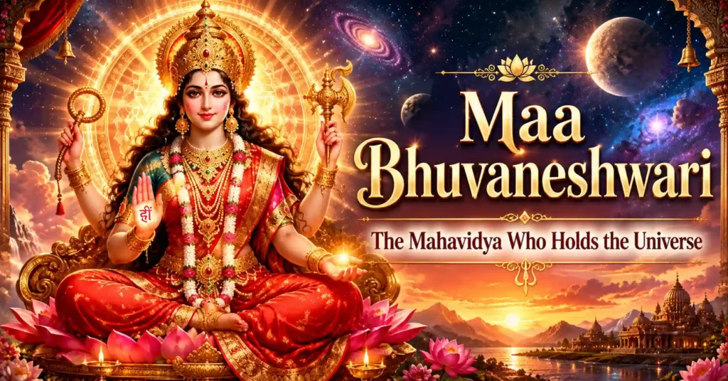 Maa Bhuvaneshwari seated on a divine throne in cosmic space symbolizing the Mahavidya who sustains and contains the universe