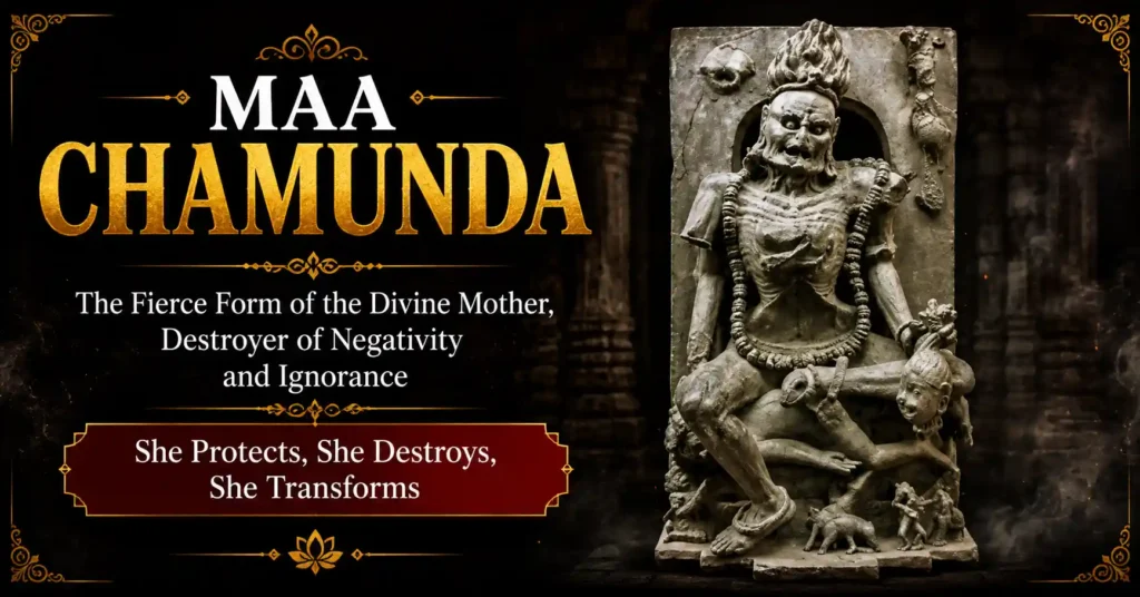 Ancient stone sculpture of Maa Chamunda displaying traditional iconography associated with impermanence, spiritual transformation, and liberation