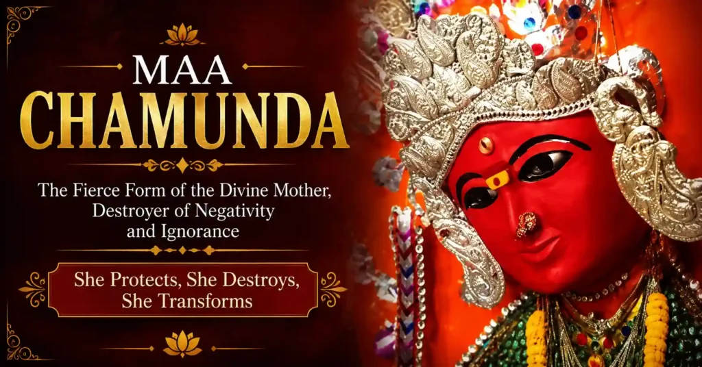 Close-up image of Maa Chamunda representing the fierce yet protective aspect of the Divine Mother in Shakta tradition