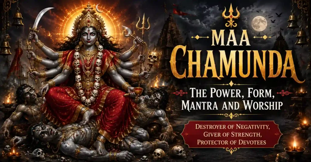 Artistic depiction of Maa Chamunda seated above defeated demons, symbolizing protection, transformation, and the destruction of negativity