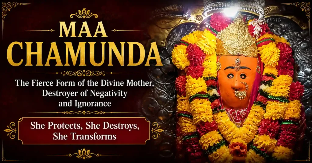 Decorated temple form of Maa Chamunda adorned with flower garlands and ornaments during devotional worship