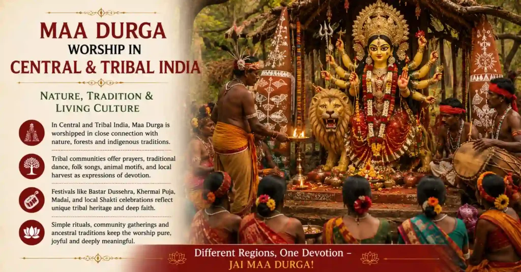 Maa Durga worship in Central and Tribal India through folk traditions, nature-based devotion, and community rituals.
