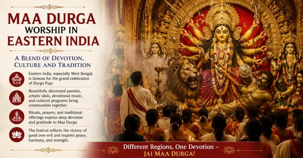 Maa Durga worship in Eastern India during Durga Puja, highlighting devotion, cultural traditions, and community celebrations.
