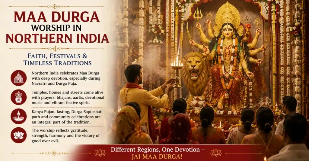Devotees worshipping Maa Durga in Northern India through Navratri rituals, temple traditions, and sacred celebrations.