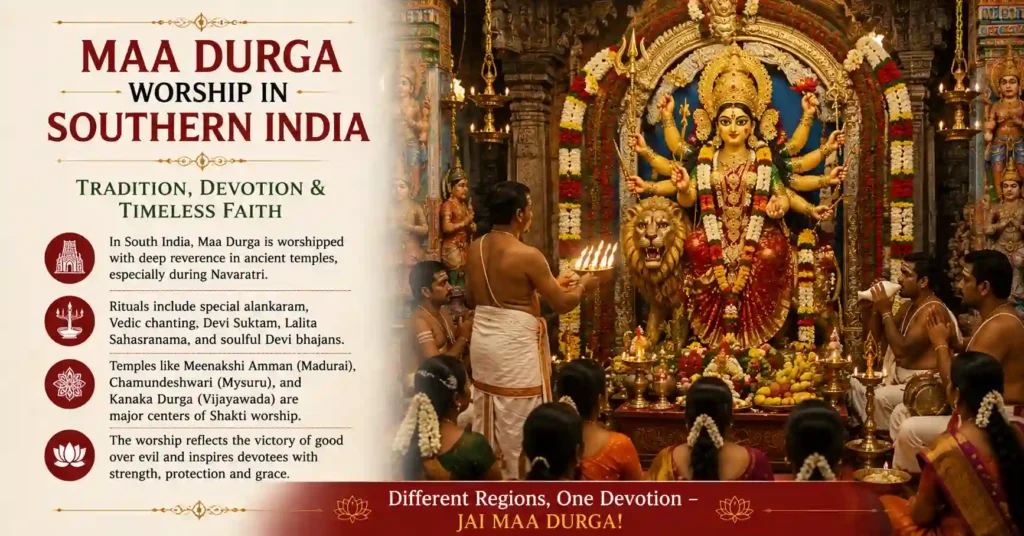 Maa Durga worship in Southern India featuring temple rituals, devotional practices, and ancient Shakti traditions.