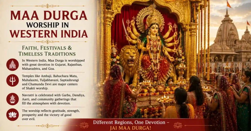 Maa Durga worship in Western India with Navratri celebrations, Garba traditions, and regional forms of Shakti devotion.