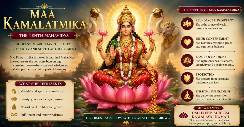 Artistic depiction of Maa Kamalatmika highlighting her role as the goddess of abundance, harmony, nourishment, and spiritual growth