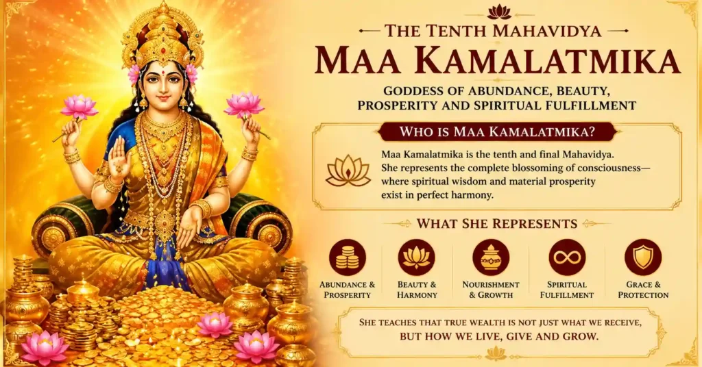 Maa Kamalatmika seated among lotus flowers symbolizing sacred prosperity, purity, abundance, and divine grace