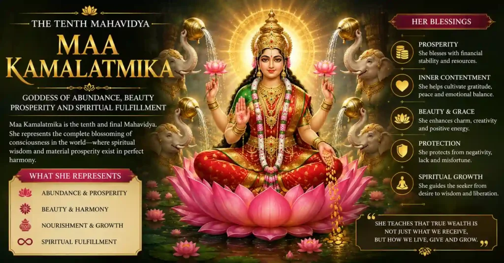 Devotional illustration of Maa Kamalatmika showing her blessings of prosperity, nourishment, beauty, and spiritual fulfillment