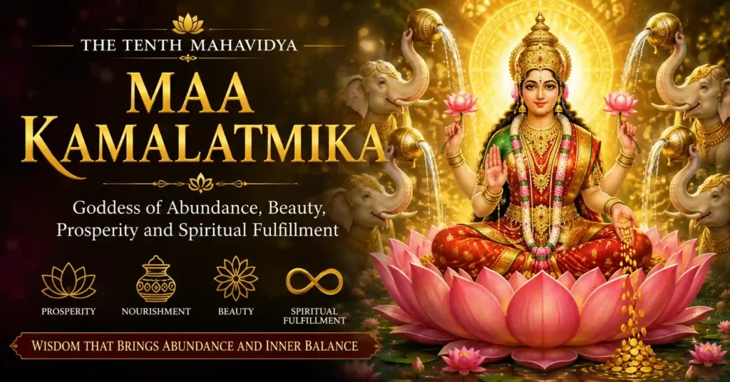 Maa Kamalatmika seated on a lotus as the tenth Mahavidya representing abundance, beauty, prosperity, and spiritual fulfillment