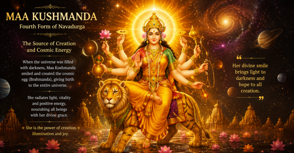 Maa Kushmanda radiating cosmic light and creative energy as the creator of the universe