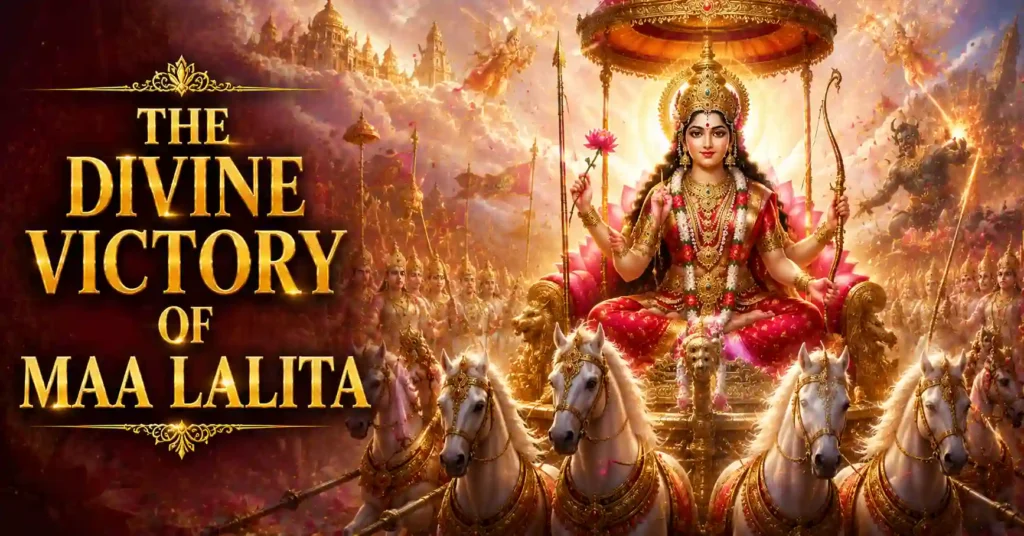 Maa Lalita Tripura Sundari leading the divine battle against Bhandasura and restoring cosmic harmony