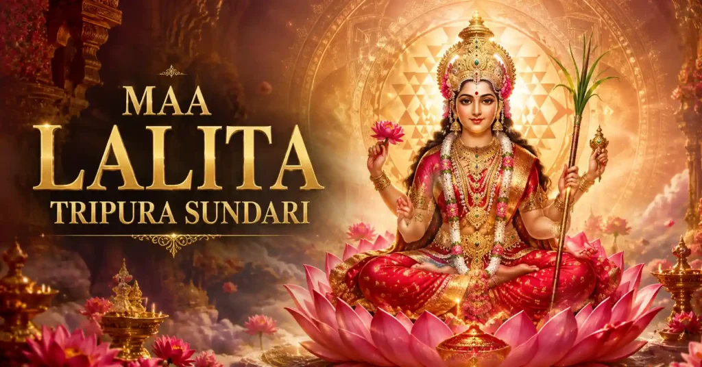 Maa Lalita Tripura Sundari seated on a divine lotus throne with Sri Chakra in the background symbolizing beauty wisdom and supreme Shakti