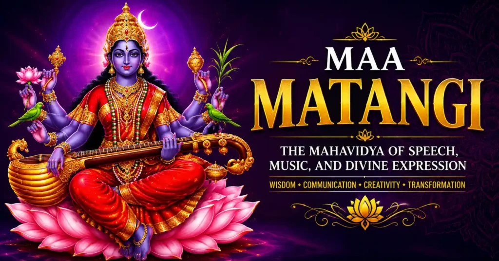 Maa Matangi seated on a lotus with veena and parrot, symbolizing speech, music, wisdom, creativity, and divine expression in the Mahavidya tradition.
