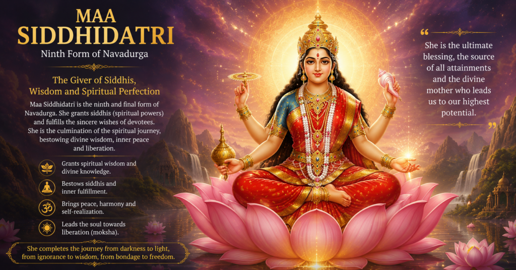 Maa Siddhidatri seated on a lotus granting wisdom, spiritual knowledge, and divine blessings