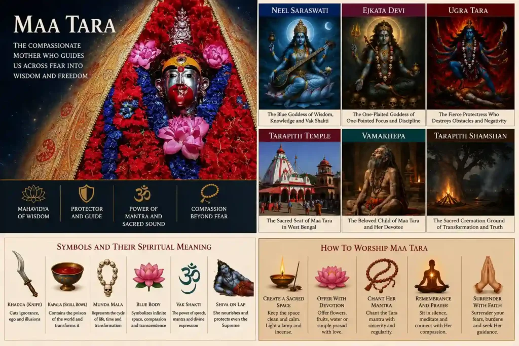 Maa Tara, one of the Das Mahavidyas, revered as the Divine Mother of guidance, protection, wisdom, and spiritual transformation.