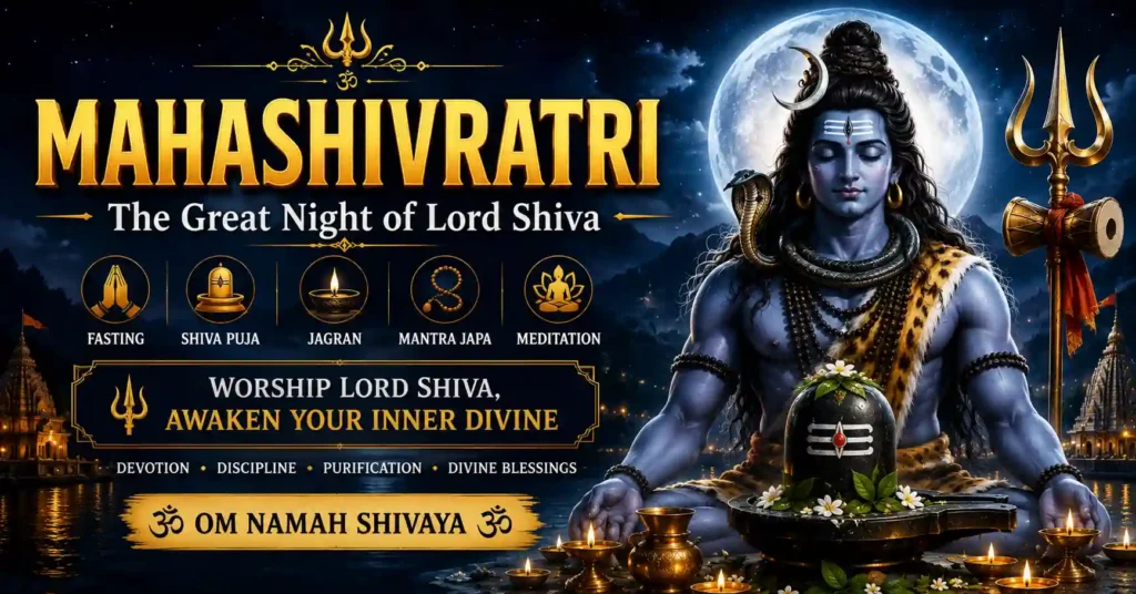 Lord Shiva meditating beside a Shiva Lingam on Mahashivratri with moonlit temple background representing Mahashivratri festival, puja, vrat and spiritual significance.