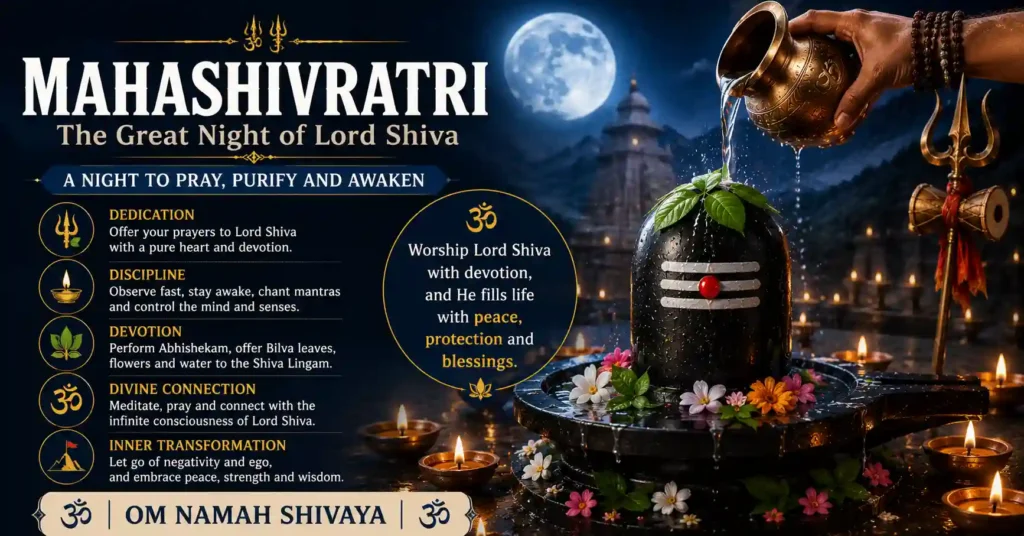 Mahashivratri Puja Vidhi with Shiva Lingam Abhishekam, Bilva Patra, sacred offerings and Om Namah Shivaya mantra.
